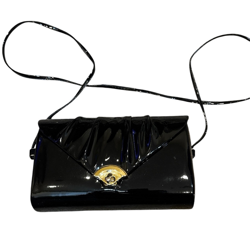 Vintage 80s Black Patent Leather Handbag Pleated Design Gold Shell‎ Closure